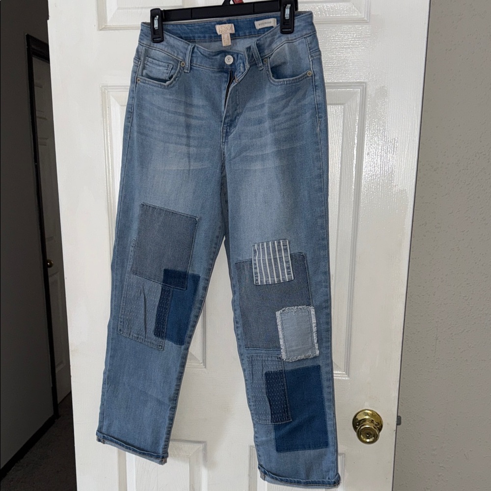 Lavish Light Blue Patchwork Boyfriend Jeans